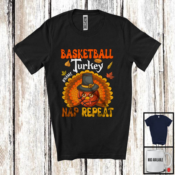 MacnyStore - Personalized Basketball Turkey Nap Repeat, Joyful Thanksgiving Fall Leaves, Custom Name Sport Player T-Shirt