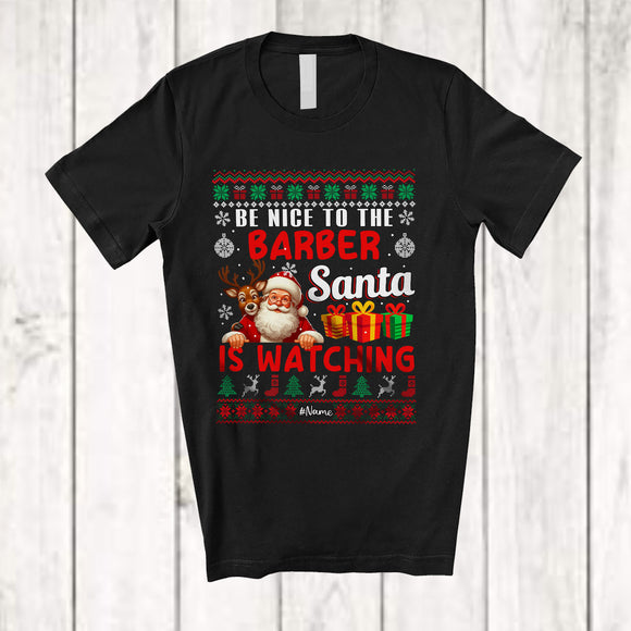 MacnyStore - Personalized Be Nice To The Barber; Amusing Christmas Sweater Santa; Custom Name Jobs T-Shirt