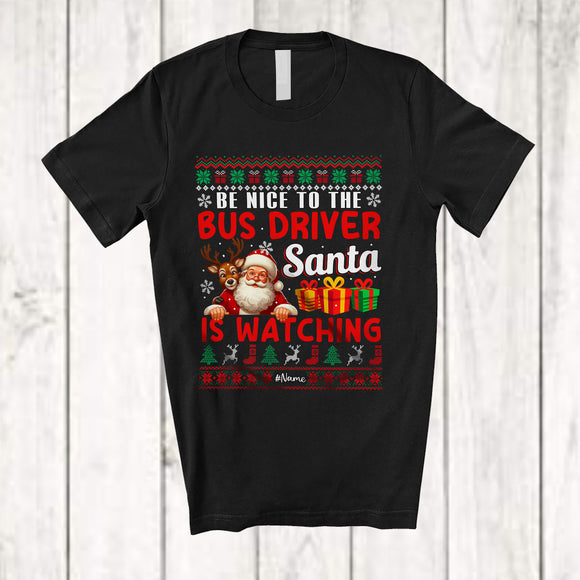 MacnyStore - Personalized Be Nice To The Bus Driver; Amusing Christmas Sweater Santa; Custom Name Jobs T-Shirt