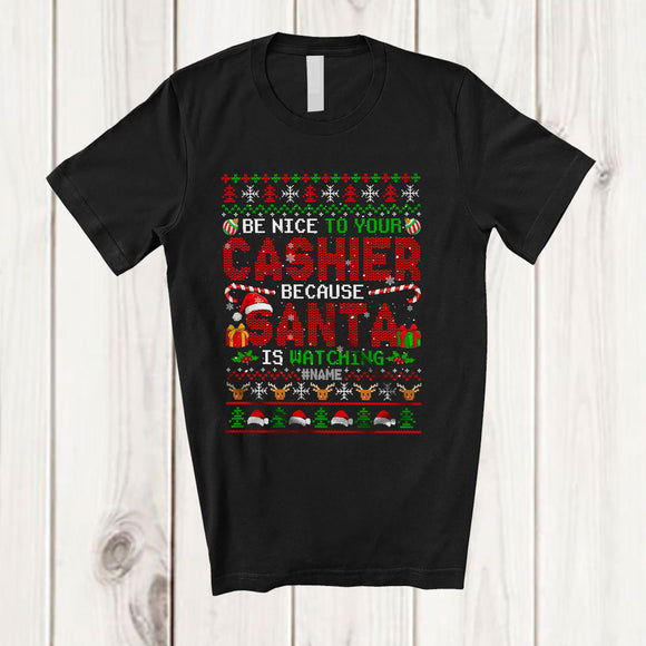 MacnyStore - Personalized Be Nice To Your Cashier; Fantastic Christmas Sweater Plaid; Custom Name Jobs T-Shirt