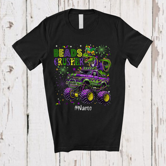 MacnyStore - Personalized Beads Crusher; Joyful Mardi Gras Custom Name T-Rex On Monster Truck Beads T-Shirt