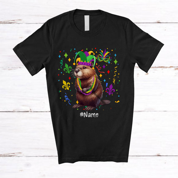 MacnyStore - Personalized Beaver With Mardi Gras Beads Jester Hat; Lovely Custom Name Rodent Animal Lover T-Shirt