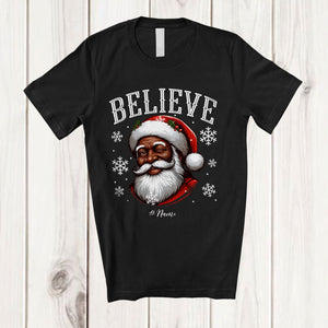 MacnyStore - Personalized Believe; Amusing Christmas Black Afro Santa Face; Custom Name African Family T-Shirt