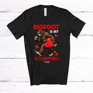 MacnyStore - Personalized Bigfoot Is My Valentine; Adorable Bigfoot Holding Hearts; Custom Name Men Single T-Shirt