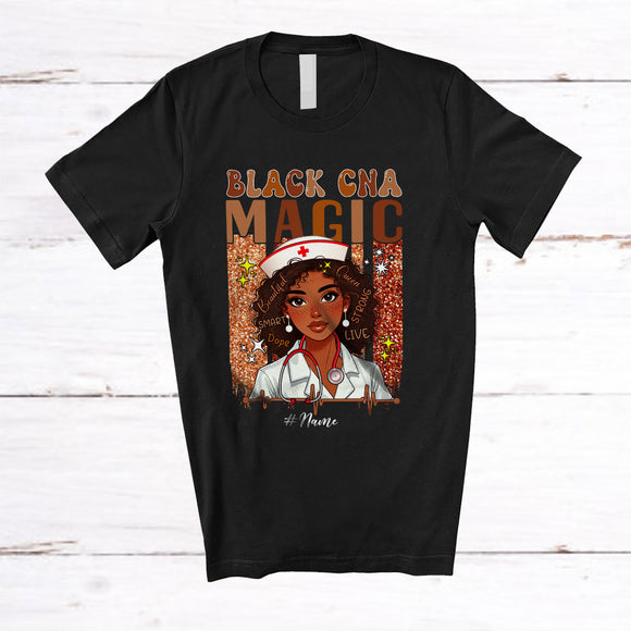 MacnyStore - Personalized Black CNA Magic; Lovely Black History Month Afro Women; Custom Name Nurse T-Shirt