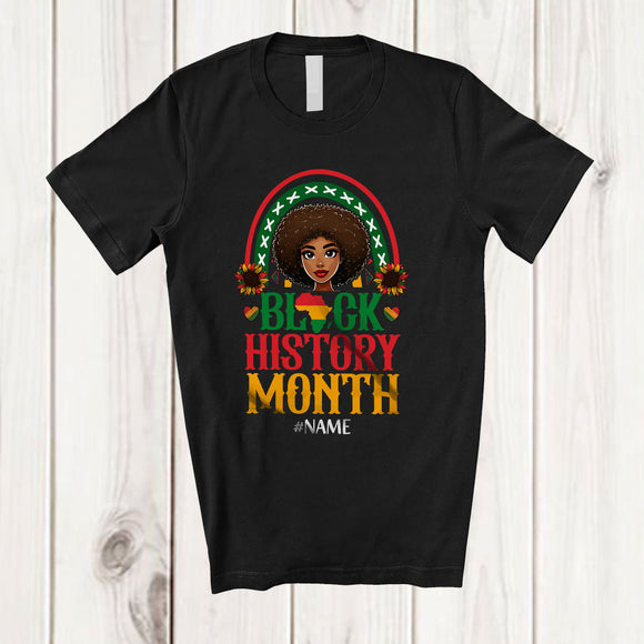 MacnyStore - Personalized Black History Month; Lovely Custom Name Afro African Woman; Rainbow Sunflower T-Shirt