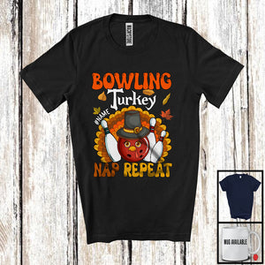 MacnyStore - Personalized Bowling Turkey Nap Repeat, Joyful Thanksgiving Fall Leaves, Custom Name Sport Player T-Shirt