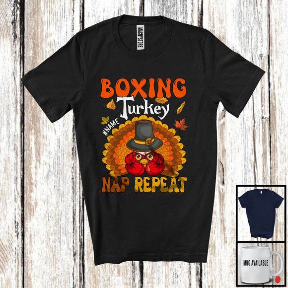 MacnyStore - Personalized Boxing Turkey Nap Repeat, Joyful Thanksgiving Fall Leaves, Custom Name Sport Player T-Shirt