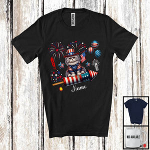 MacnyStore - Personalized British Longhair Riding Firecracker, Lovely 4th Of July USA Flag Custom Name, Kitten Owner T-Shirt