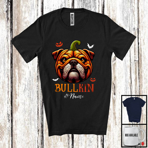 MacnyStore - Personalized Bullkin; Scary Halloween Cosplay Animal; Custom Name Bulldog Pumpkin Face T-Shirt