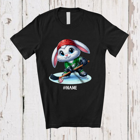 MacnyStore - Personalized Bunny Playing Ice Hockey Eggs; Joyful Easter Custom Name Sport Player Team T-Shirt