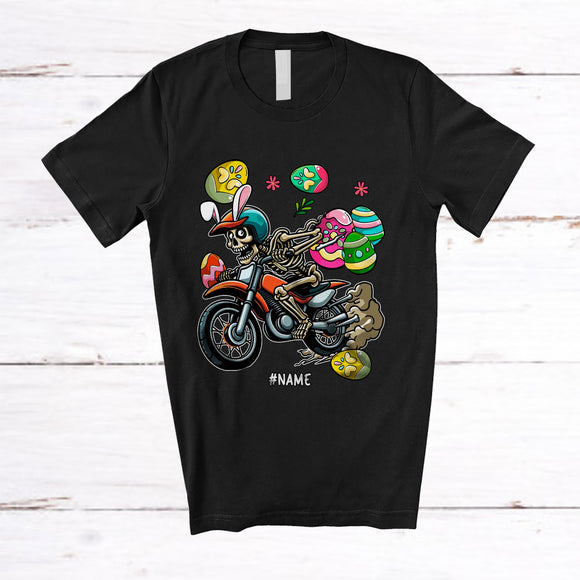 MacnyStore - Personalized Bunny Skeleton Riding Dirt Biker; Awesome Easter Eggs Hunting; Custom Name Family T-Shirt