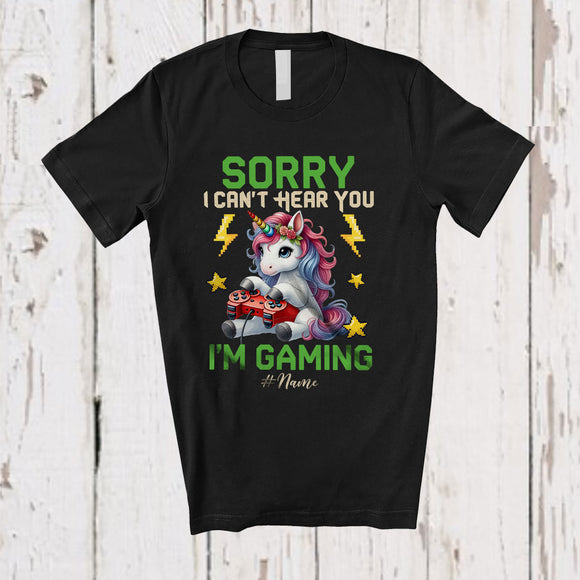 MacnyStore - Personalized Can't Hear You I'm Gaming; Lovely Kawaii Unicorn Playing Game; Custom Name Gamer T-Shirt