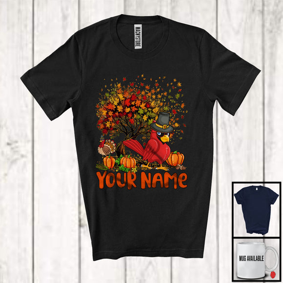 MacnyStore - Personalized Cardinal Bird Pilgrim On Fall Tree, Adorable Thanksgiving Turkey, Custom Name Bird T-Shirt