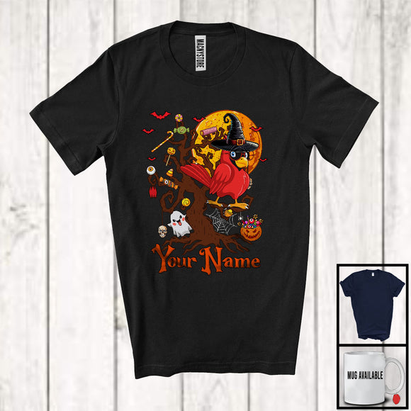 MacnyStore - Personalized Cardinal Bird Witch On Tree, Horror Halloween Boo Candy, Custom Name Bird Lover T-Shirt