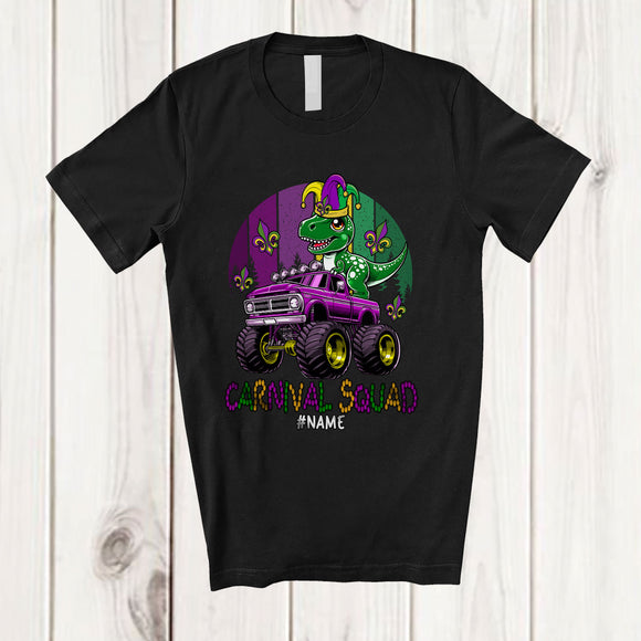 MacnyStore - Personalized Carnival Squad; Lovely Mardi Gras T-Rex On Monster Truck; Custom Name Parades T-Shirt