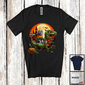 MacnyStore - Personalized Cat Riding T-Rex Zombie; Horror Halloween Custom Name Dinosaur Lover T-Shirt