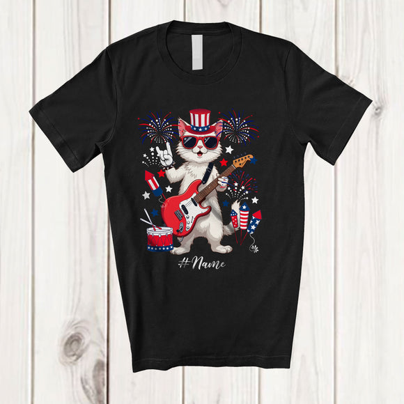 MacnyStore - Personalized Cat Rock; Lovely 4th of July Cat Sunglasses Bass Player; Custom Name Guitarist T-Shirt