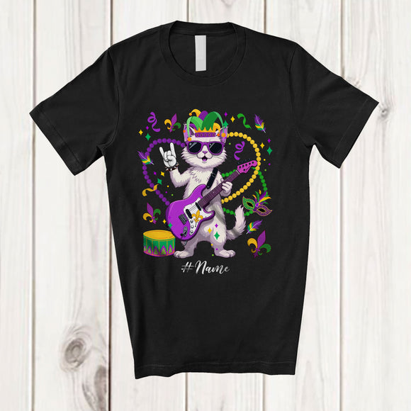 MacnyStore - Personalized Cat Rock; Lovely Mardi Gras Cat Sunglasses Bass Player; Custom Name Guitarist T-Shirt