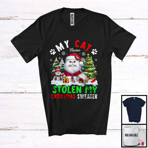 MacnyStore - Personalized Cat Stolen My Christmas Sweater; Cute X-mas Tree Custom Name Snowing T-Shirt