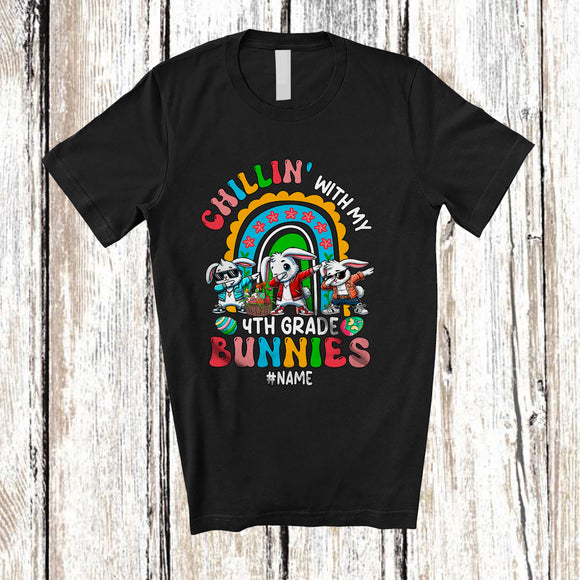 MacnyStore - Personalized Chillin' With My 4th Grade; Lovely Easter Dabbing Rainbow Custom Name Teacher T-Shirt