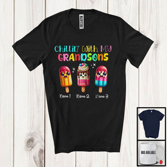 MacnyStore - Personalized Chillin' With My Grandsons; Colorful Summer Custom Name Three Ice Creams T-Shirt