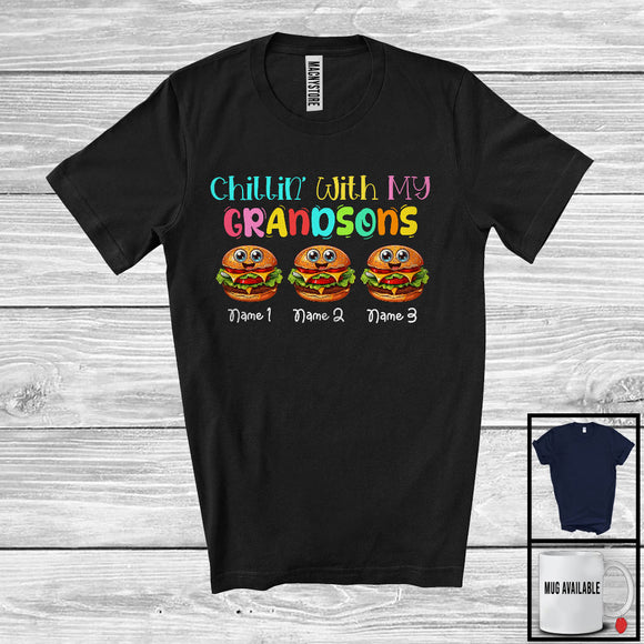 MacnyStore - Personalized Chillin' With My Grandsons; Lovely Three Hamburger Custom Name; Food Lover T-Shirt