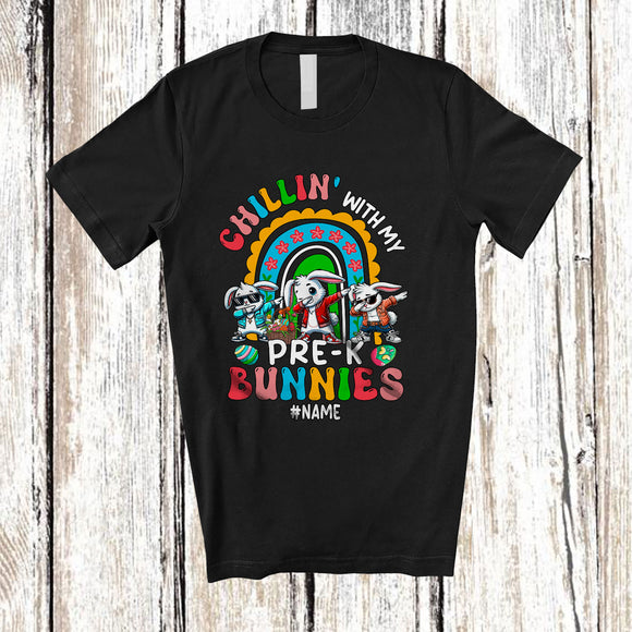 MacnyStore - Personalized Chillin' With My Pre-K; Lovely Easter Dabbing Rainbow Custom Name Teacher T-Shirt