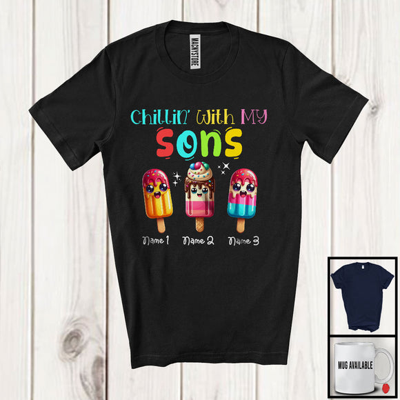 MacnyStore - Personalized Chillin' With My Sons; Colorful Summer Custom Name Three Ice Creams T-Shirt