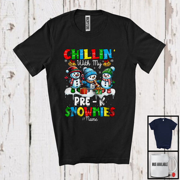 MacnyStore - Personalized Chillin' With Pre-K Snowmies; Amusing Christmas Snowman; Custom Name Teacher T-Shirt