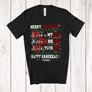 MacnyStore - Personalized Christmas Kiss Ass Happy Hanukkah; Joyful Custom Name Naughty Adult; Menorah T-Shirt