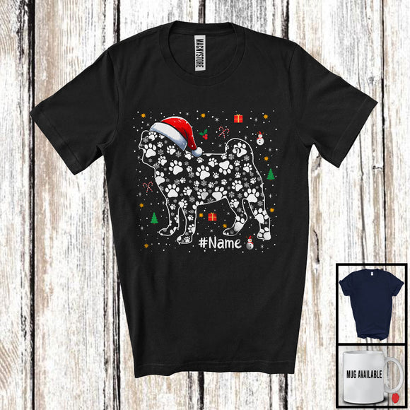 MacnyStore - Personalized Christmas Santa Pug Paws Shape; Cheerful X-mas Custom Name Pug; Family T-Shirt