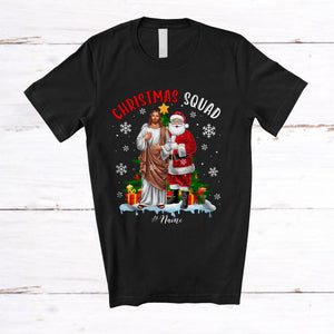 MacnyStore - Personalized Christmas Squad; Amusing Custom Name Jesus And Santa As Friends; Family T-Shirt