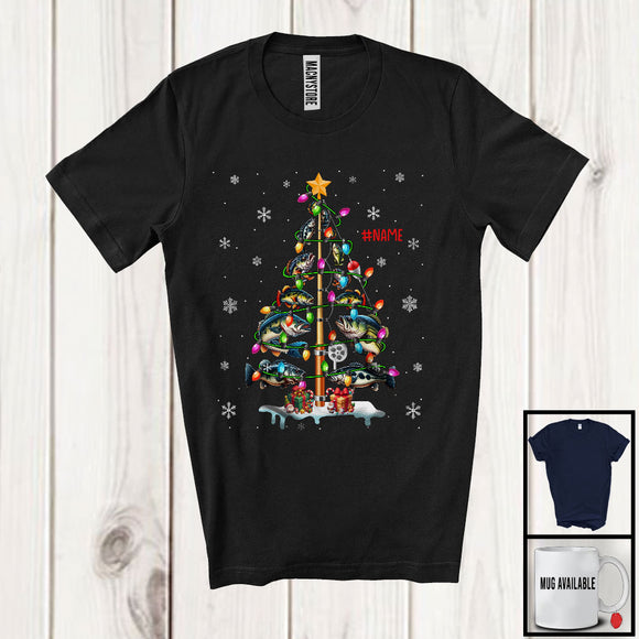 MacnyStore - Personalized Christmas Tree Bass Fish; Amazing X-mas Fish Fishing Lover; Custom Name Fisher Group T-Shirt