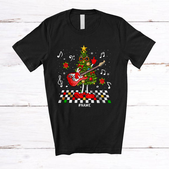 MacnyStore - Personalized Christmas Tree Playing Rock Guitar; Cheerful X-mas Retro; Custom Name Guitarist T-Shirt