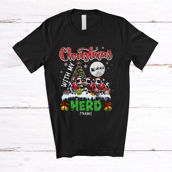 MacnyStore - Personalized Christmas With My Herd; Fantastic Three Santa Cow; Plaid Custom Name Farmer T-Shirt