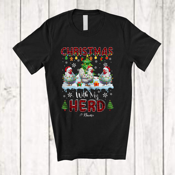 MacnyStore - Personalized Christmas With My Herd; Fantastic X-mas Plaid Three Santa Chicken; Custom Name Farmer T-Shirt