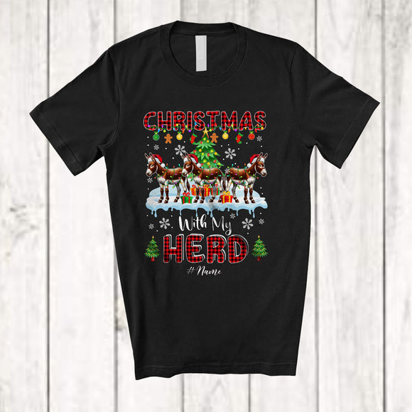 MacnyStore - Personalized Christmas With My Herd; Fantastic X-mas Plaid Three Santa Donkey; Custom Name Farmer T-Shirt