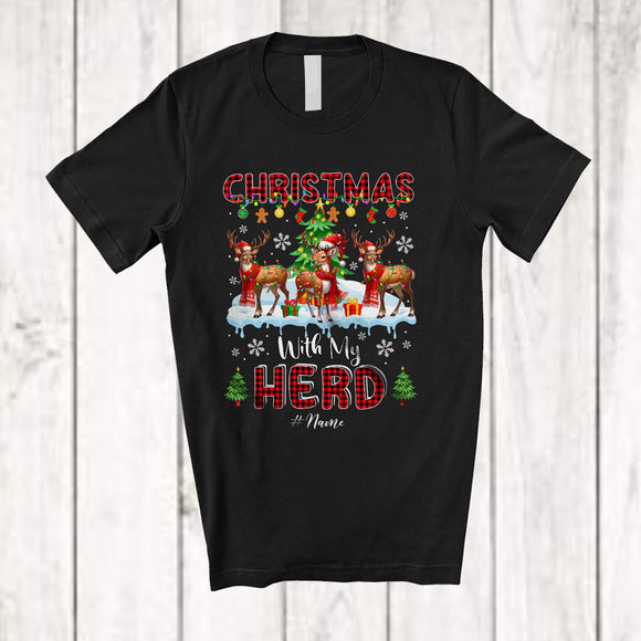 MacnyStore - Personalized Christmas With My Herd; Fantastic X-mas Plaid Three Santa Reindeer; Custom Name Farmer T-Shirt