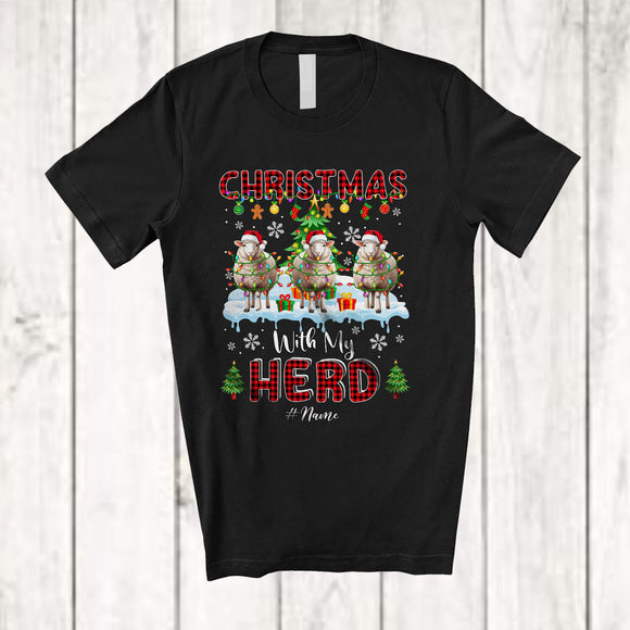 MacnyStore - Personalized Christmas With My Herd; Fantastic X-mas Plaid Three Santa Sheep; Custom Name Farmer T-Shirt