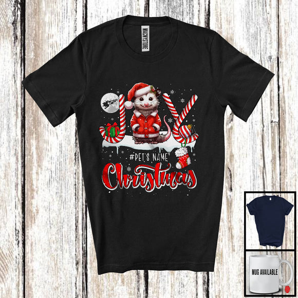 MacnyStore - Personalized Christmas; Joyful X-mas Custom Name Santa Opossum; Candy Cane Snowing T-Shirt