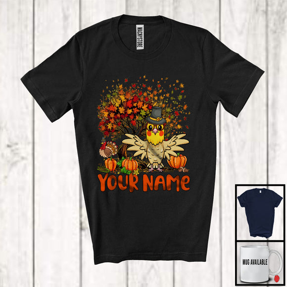 MacnyStore - Personalized Cockatiel Bird Pilgrim On Fall Tree, Adorable Thanksgiving Turkey, Custom Name Bird T-Shirt