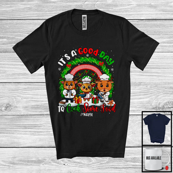 MacnyStore - Personalized Cook Some Food; Lovely Christmas Custom Name 3 Reindeer Rainbow; Lunch Lady Chef T-Shirt