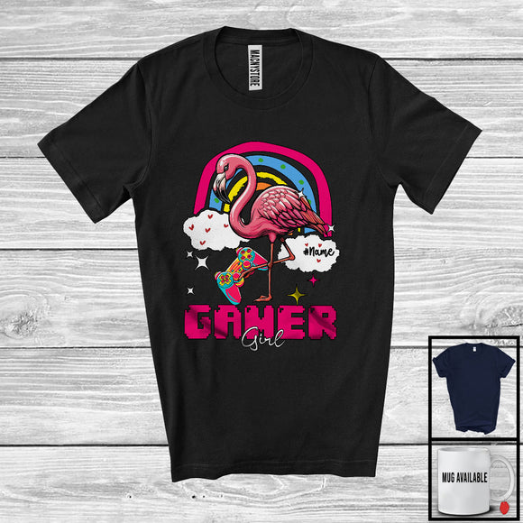 MacnyStore - Personalized Custom Gamer Girl; Joyful Flamingo Playing Video Games; Gamer Rainbow T-Shirt