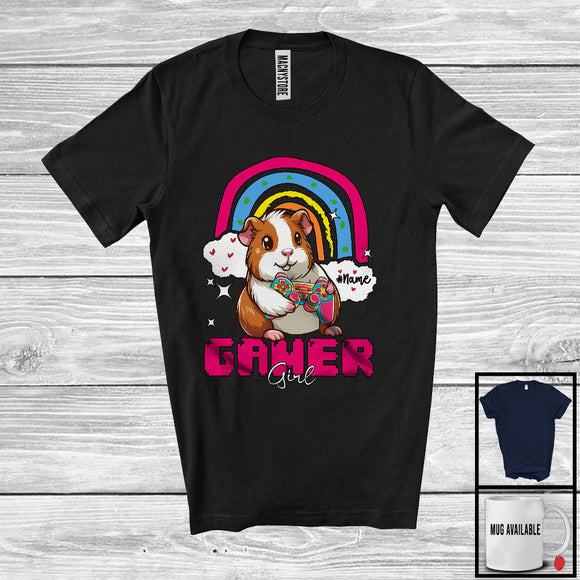 MacnyStore - Personalized Custom Gamer Girl; Joyful Guinea Pig Playing Video Games; Gamer Rainbow T-Shirt