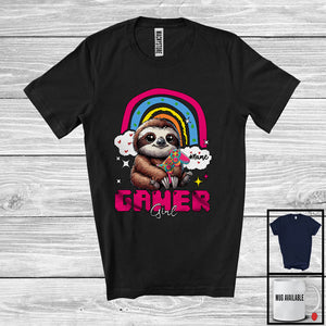 MacnyStore - Personalized Custom Gamer Girl; Joyful Sloth Playing Video Games; Gamer Rainbow T-Shirt