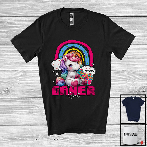 MacnyStore - Personalized Custom Gamer Girl; Joyful Unicorn Playing Video Games; Gamer Rainbow T-Shirt