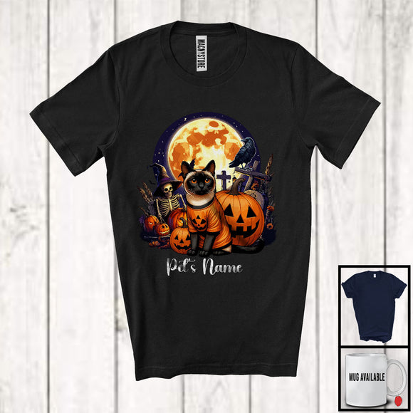 MacnyStore - Personalized Custom Kitten's Name Siamese Cat, Lovely Halloween Skeleton Pumpkins T-Shirt