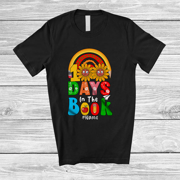 MacnyStore - Personalized Custom Name 100 Days In The Books; Lovely 100th Day Of School Flowers Rainbow T-Shirt