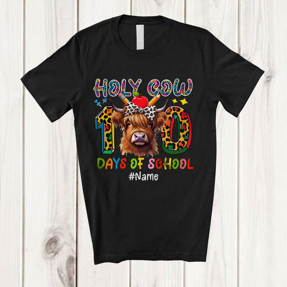 MacnyStore - Personalized Custom Name 100 Days Of School; Humorous Leopard Highland Cattle Cow; Teacher T-Shirt